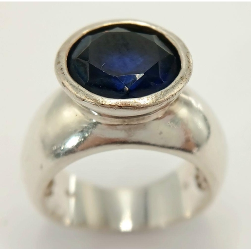 732 - A Vintage Danish Sterling Silver and Large Blue Sapphire Set Ring Size N. The Ring is set with a 1.1... 