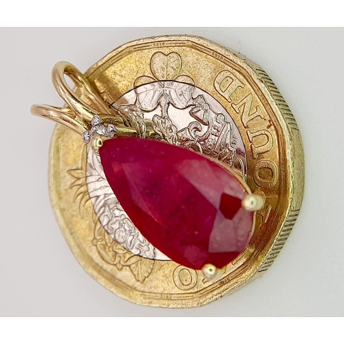 75 - A 10K YELLOW GOLD DIAMOND & PEAR SHAPED RUBY PENDANT. RUBY APPROX 4CT. 2.3G. 2CM. JB7102