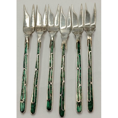 98 - Fabulous vintage set of SILVER and MALACHITE Cake/Patisserie Forks. Originally purchased from the SI... 