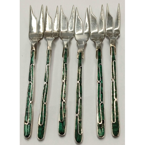 98 - Fabulous vintage set of SILVER and MALACHITE Cake/Patisserie Forks. Originally purchased from the SI... 