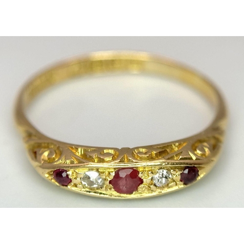 135 - AN 18K YELLOW GOLD ANTIQUE GEORGIAN OLD CUT DIAMOND & RUBY FIVE STONE RING 2.6G TOTAL WEIGHT, SIZE M... 