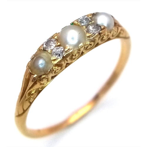 142 - AN 18K YELLOW GOLD VINTAGE OLD CUT DIAMOND & PEARL RING 2.7G TOTAL WEIGHT, SIZE S 1/2. Ref: SC 2056