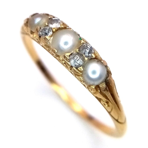 142 - AN 18K YELLOW GOLD VINTAGE OLD CUT DIAMOND & PEARL RING 2.7G TOTAL WEIGHT, SIZE S 1/2. Ref: SC 2056