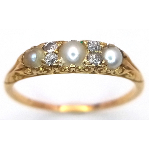 142 - AN 18K YELLOW GOLD VINTAGE OLD CUT DIAMOND & PEARL RING 2.7G TOTAL WEIGHT, SIZE S 1/2. Ref: SC 2056