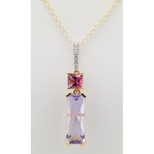 19 - AN 18K YELLOW GOLD DIAMOND, PINK TOPAZ & AMETHYST DROP PENDANT ON CHAIN.  4.7G. 2.5CM AND 42CM. AS11... 