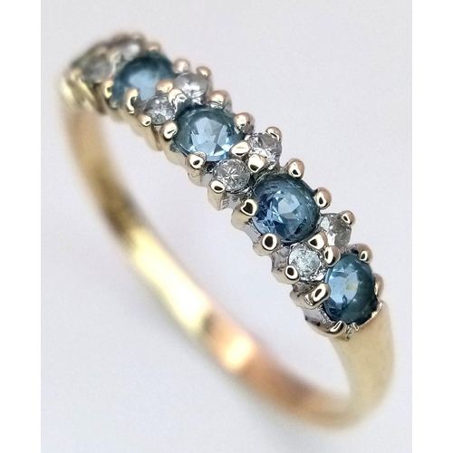 482 - A 9K YELLOW GOLD DIAMOND & BLUE TOPAZ RING 1.3G TOTAL WEIGHT, SIZE M. Ref: SC 2016