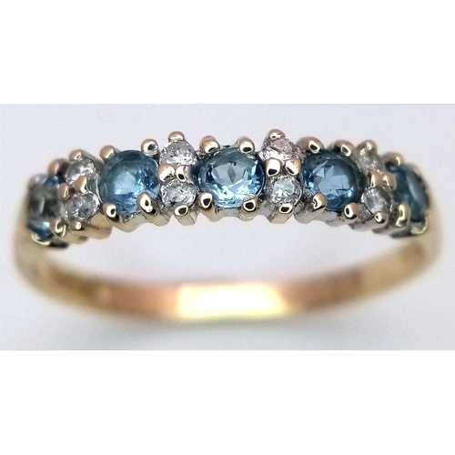 482 - A 9K YELLOW GOLD DIAMOND & BLUE TOPAZ RING 1.3G TOTAL WEIGHT, SIZE M. Ref: SC 2016