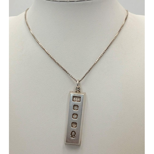 606 - A Heavy Vintage 1977 (Jubilee Year) Silver Ingot Pendant Necklace. 46cm Length Sterling Silver Chain... 