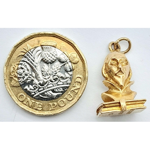 87 - A 9K YELLOW GOLD THE WORKS OF SHAKESPEARE BUST CHARM WHICH OPENS TO REVEAL THE LIST OF WORKS 2CM x 1... 