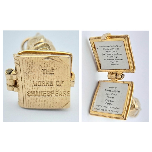 87 - A 9K YELLOW GOLD THE WORKS OF SHAKESPEARE BUST CHARM WHICH OPENS TO REVEAL THE LIST OF WORKS 2CM x 1... 