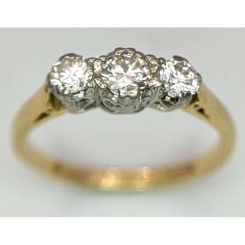 144 - AN 18K YELLOW GOLD & PLATINUM VINTAGE DIAMOND THREE STONE RING 0.30CT , 2G TOTAL WEIGHT, SIZE K 1/2.... 