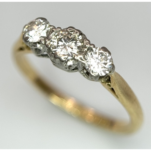 144 - AN 18K YELLOW GOLD & PLATINUM VINTAGE DIAMOND THREE STONE RING 0.30CT , 2G TOTAL WEIGHT, SIZE K 1/2.... 