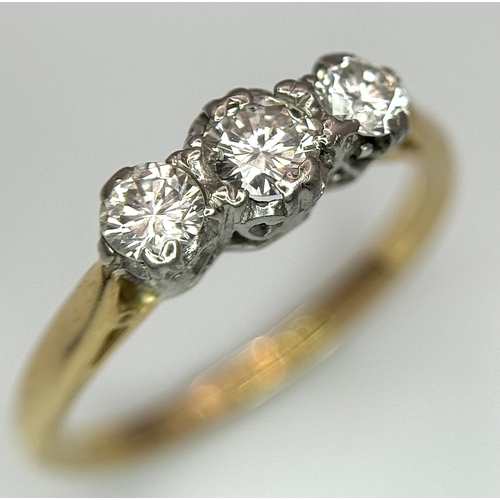 144 - AN 18K YELLOW GOLD & PLATINUM VINTAGE DIAMOND THREE STONE RING 0.30CT , 2G TOTAL WEIGHT, SIZE K 1/2.... 