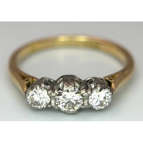 144 - AN 18K YELLOW GOLD & PLATINUM VINTAGE DIAMOND THREE STONE RING 0.30CT , 2G TOTAL WEIGHT, SIZE K 1/2.... 