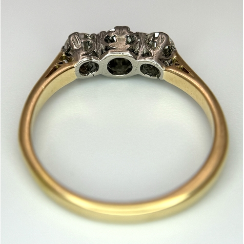 144 - AN 18K YELLOW GOLD & PLATINUM VINTAGE DIAMOND THREE STONE RING 0.30CT , 2G TOTAL WEIGHT, SIZE K 1/2.... 