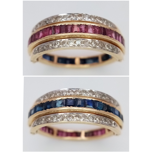 17 - A 14K YELLOW GOLD VINTAGE VERSATILE FLIP RING ONE SIDE DIAMOND & SAPPHIRE AND OTHER SIDE DIAMOND & R... 