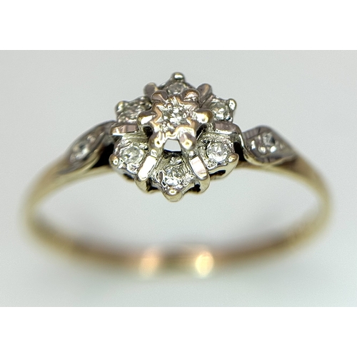 418 - A 9K YELLOW GOLD DIAMOND CLUSTER RING 1.3G TOTAL WEIGHT, SIZE O 1/2. Ref: SC 2033