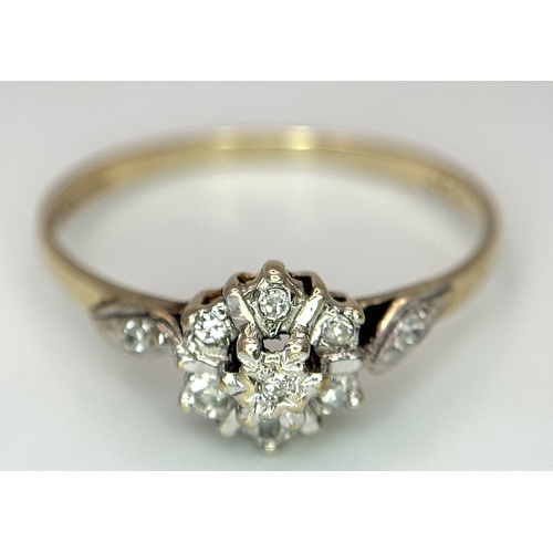 418 - A 9K YELLOW GOLD DIAMOND CLUSTER RING 1.3G TOTAL WEIGHT, SIZE O 1/2. Ref: SC 2033