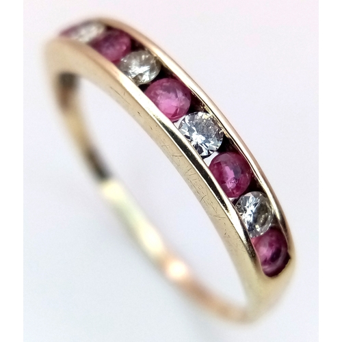 489 - A 9K YELLOW GOLD DIAMOND & RUBY 1/2 ET RING 1.3G TOTAL WEIGHT, SIZE P 1/2. Ref: SC 2022