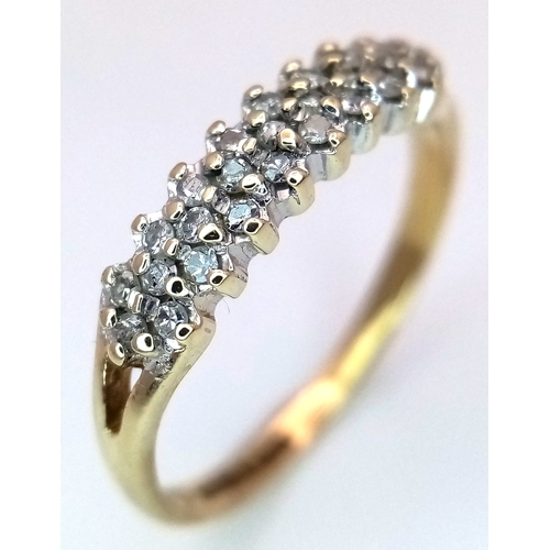 531 - A 9K YELLOW GOLD THREE ROW DIAMOND RING 0.15CT 1.4G TOTAL WEIGHT, SIZE K 1/2. Ref: SC 2007