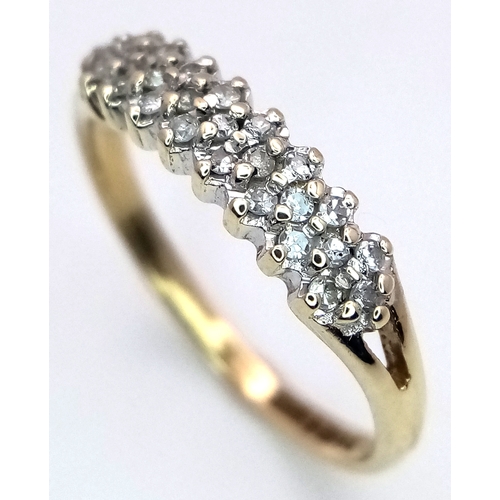 531 - A 9K YELLOW GOLD THREE ROW DIAMOND RING 0.15CT 1.4G TOTAL WEIGHT, SIZE K 1/2. Ref: SC 2007