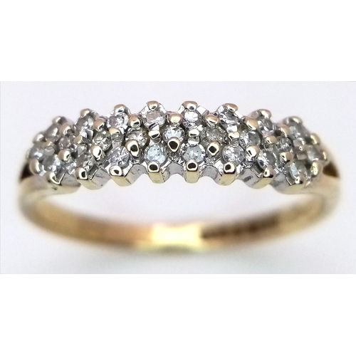 531 - A 9K YELLOW GOLD THREE ROW DIAMOND RING 0.15CT 1.4G TOTAL WEIGHT, SIZE K 1/2. Ref: SC 2007