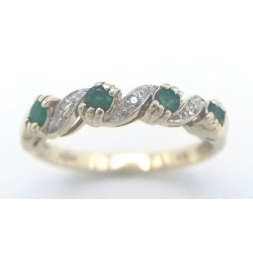 565 - A 9K YELLOW GOLD DIAMOND & EMERALD RING 2G TOTAL WEIGHT, SIZE M 1/2. Ref: SC 2024