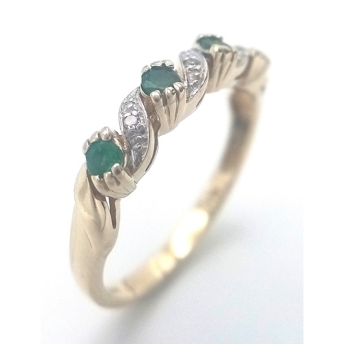 565 - A 9K YELLOW GOLD DIAMOND & EMERALD RING 2G TOTAL WEIGHT, SIZE M 1/2. Ref: SC 2024