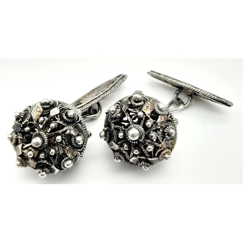 648 - A Pair of Scandinavian Silver Filigree ‘Viking inspired’ Design Cufflinks. 1.7cm Diameter. Gross Wei... 