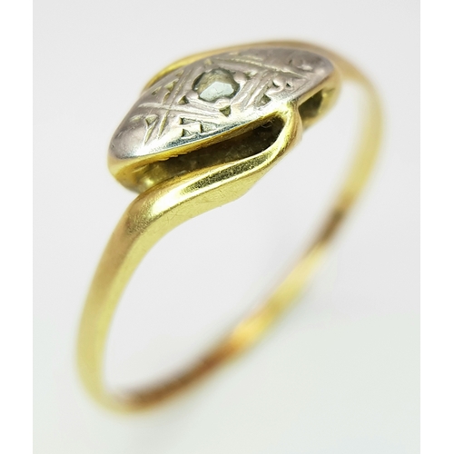 14 - Antique 18 CARAT GOLD RING with DIAMOND POINT set in PLATINUM MOUNT. Attractive crossover design. 2.... 