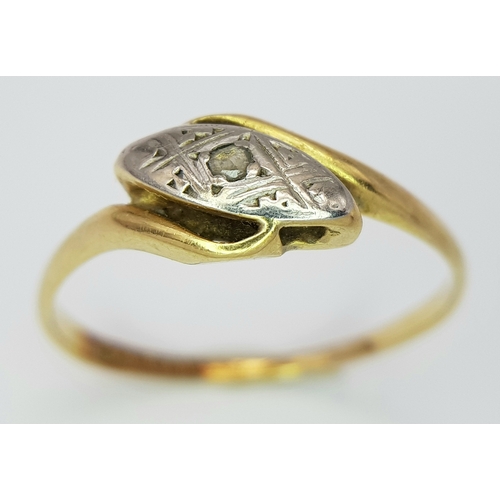 14 - Antique 18 CARAT GOLD RING with DIAMOND POINT set in PLATINUM MOUNT. Attractive crossover design. 2.... 