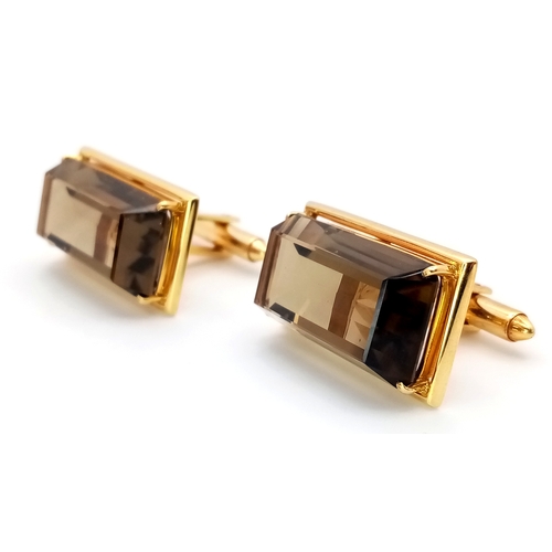 30 - A Pair of 14k Gold and Large Rectangular Cut Smoky Quartz Cufflinks. 21.4g total weight. With case.