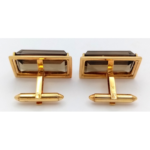 30 - A Pair of 14k Gold and Large Rectangular Cut Smoky Quartz Cufflinks. 21.4g total weight. With case.