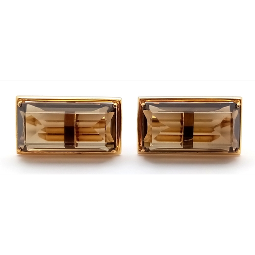 30 - A Pair of 14k Gold and Large Rectangular Cut Smoky Quartz Cufflinks. 21.4g total weight. With case.