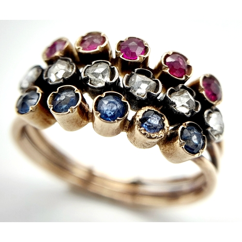 378 - An Exquisite Antique GOLD RING set with RUBIES, DIAMONDS and SAPPHIRES. 2.99 grams. Size H - I. Abso... 