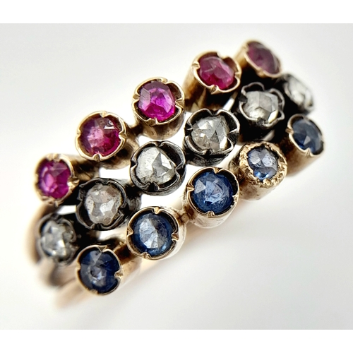 378 - An Exquisite Antique GOLD RING set with RUBIES, DIAMONDS and SAPPHIRES. 2.99 grams. Size H - I. Abso... 