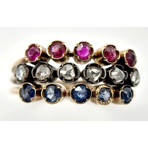 378 - An Exquisite Antique GOLD RING set with RUBIES, DIAMONDS and SAPPHIRES. 2.99 grams. Size H - I. Abso... 