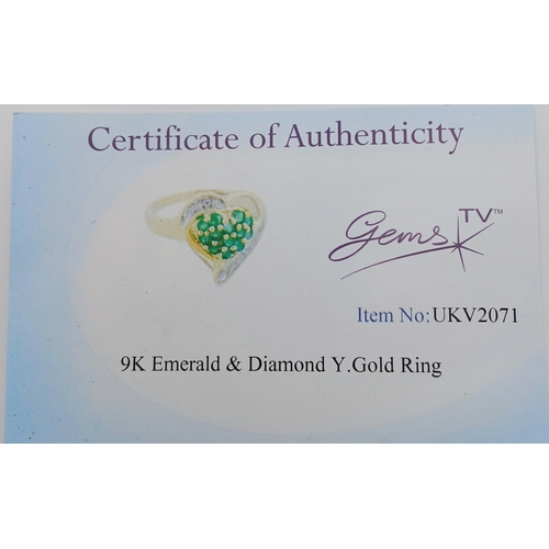 557 - A Quality 9 Carat Yellow Gold Emerald and Diamond Heart Design Ring Size N. The ring is set with 13 ... 