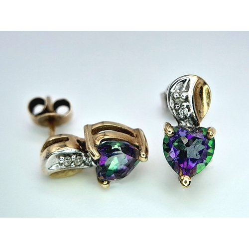 571 - A Pair of 9 Carat yellow Gold Mystic Topaz and Diamond Set Stud Earrings 1.2cm Length. Set with 5mm ... 