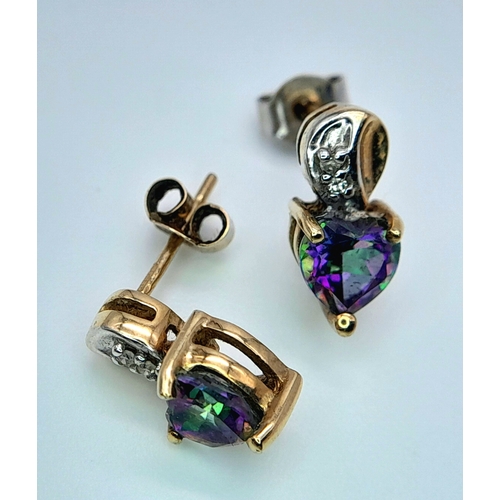 571 - A Pair of 9 Carat yellow Gold Mystic Topaz and Diamond Set Stud Earrings 1.2cm Length. Set with 5mm ... 