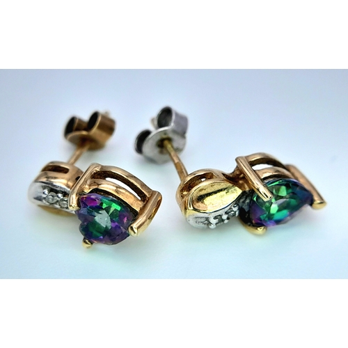 571 - A Pair of 9 Carat yellow Gold Mystic Topaz and Diamond Set Stud Earrings 1.2cm Length. Set with 5mm ... 