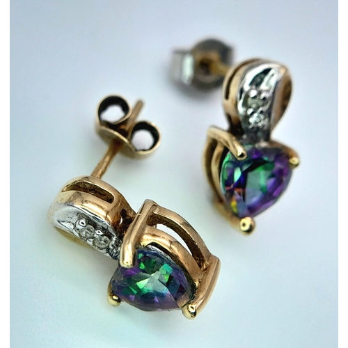 571 - A Pair of 9 Carat yellow Gold Mystic Topaz and Diamond Set Stud Earrings 1.2cm Length. Set with 5mm ... 