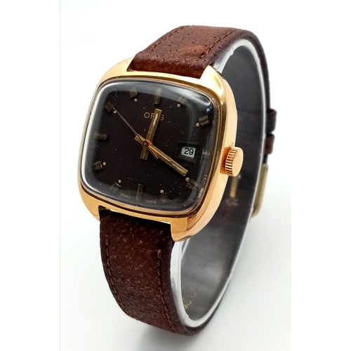 585 - A Vintage Gold-Plated Square Face Oris Manual Wind Date Watch. 31mm Case, Working and Comes in Origi... 