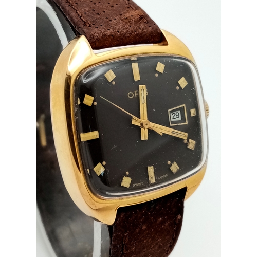 585 - A Vintage Gold-Plated Square Face Oris Manual Wind Date Watch. 31mm Case, Working and Comes in Origi... 