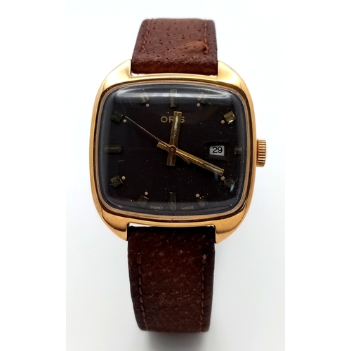 585 - A Vintage Gold-Plated Square Face Oris Manual Wind Date Watch. 31mm Case, Working and Comes in Origi... 