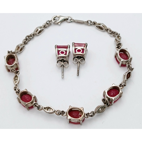 642 - A Vintage 925 Silver Red Stone Bracelet and Earring Set.