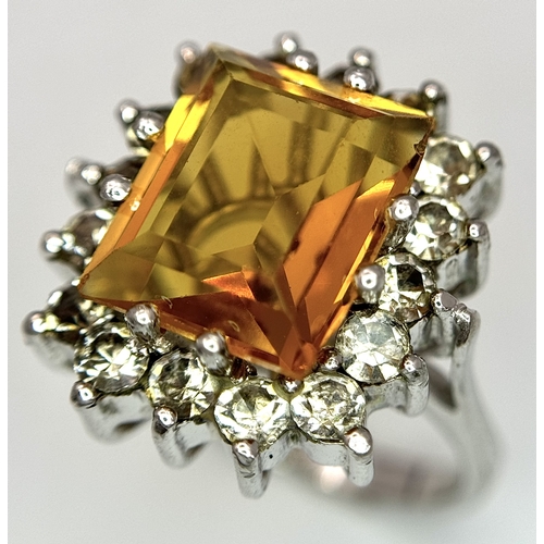 760 - An Impressive Danish Silver Citrine and Clear Stone Ring Size M. The Ring is Set with a 1.2cm Long R... 