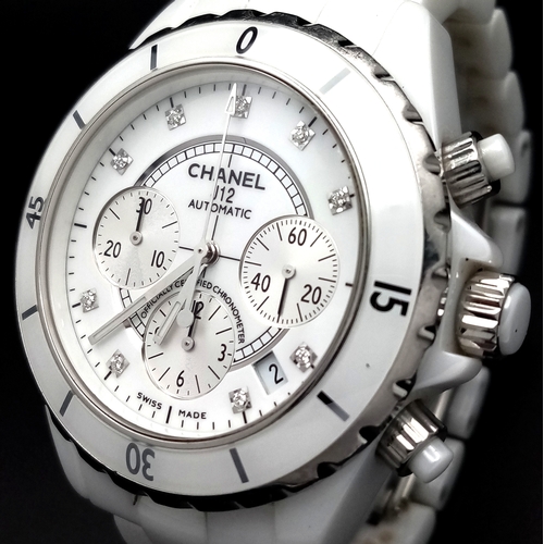 92 - A Chanel J12 Automatic Diamond Ladies Chronograph Watch. White ceramic bracelet. White ceramic and s... 