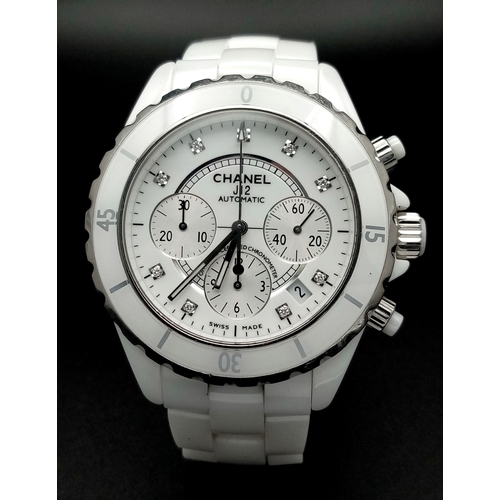 92 - A Chanel J12 Automatic Diamond Ladies Chronograph Watch. White ceramic bracelet. White ceramic and s... 