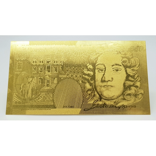 1084 - A Mint Condition Fine Gold (24 Carat) Coated £50 Bank Note. 17.5cm Length. Complete with Certificate... 